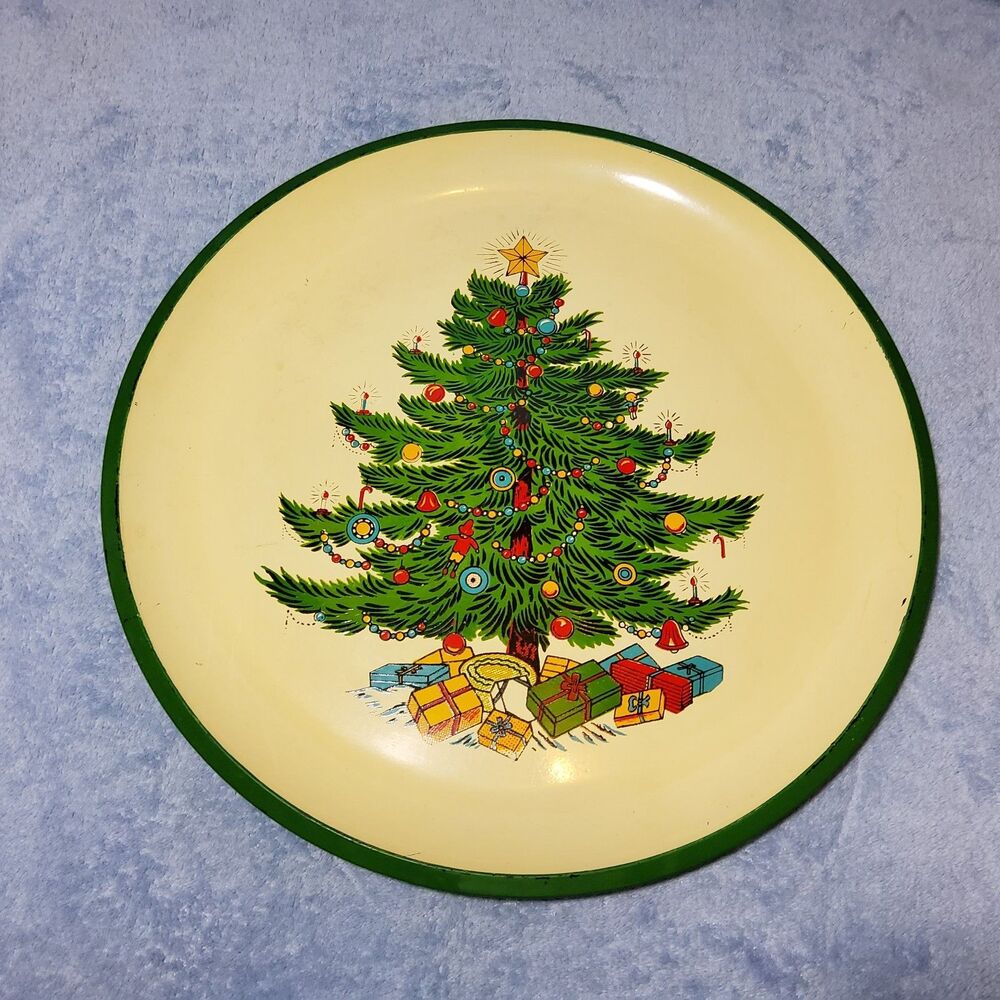 Vintage Christmas Tree Serving Tray Round 13" Plastic Japan Cookie Dessert